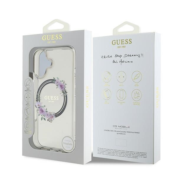 Husa pentru iPhone 16, IML Flowers Wreath MagSafe, Guess - Negru - 7