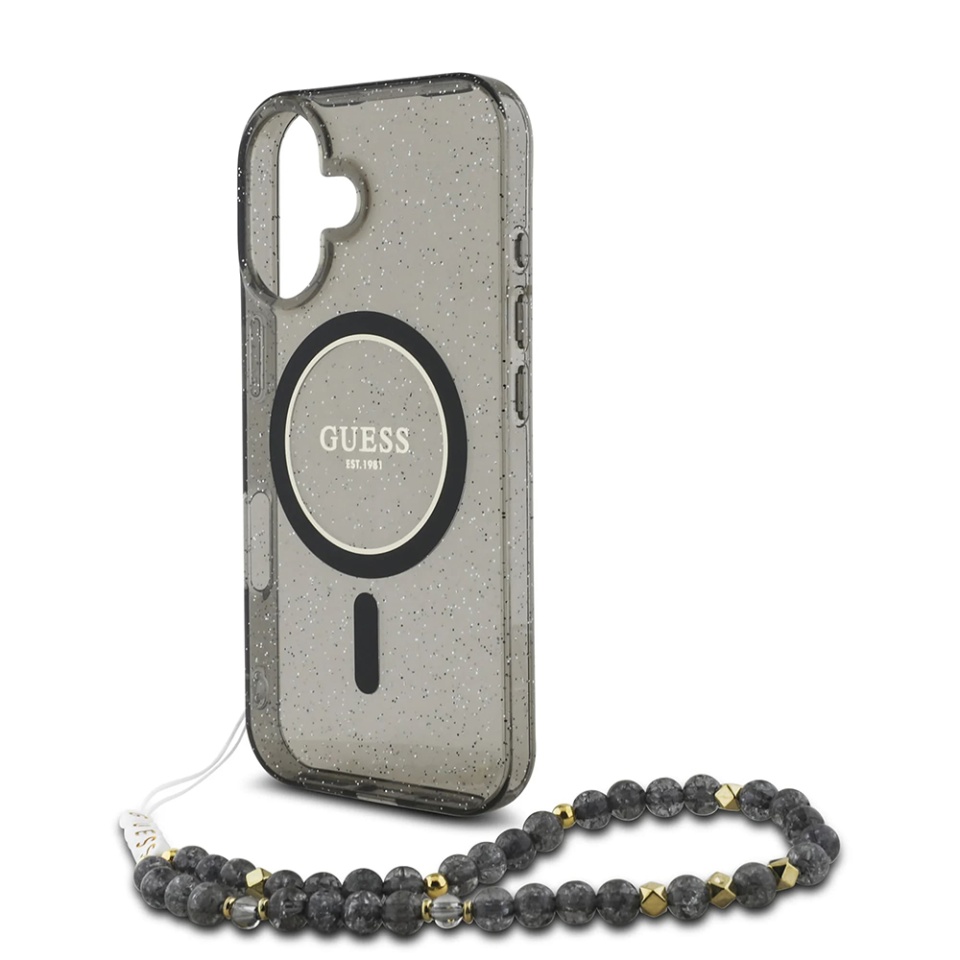 Husa pentru iPhone 16, IML Glitter with Pearl Strap MagSafe, Guess - Negru - 1 | YEO