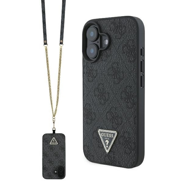Husa pentru iPhone 16 Leather Metal Logo Strass Crossbody, Guess - Negru