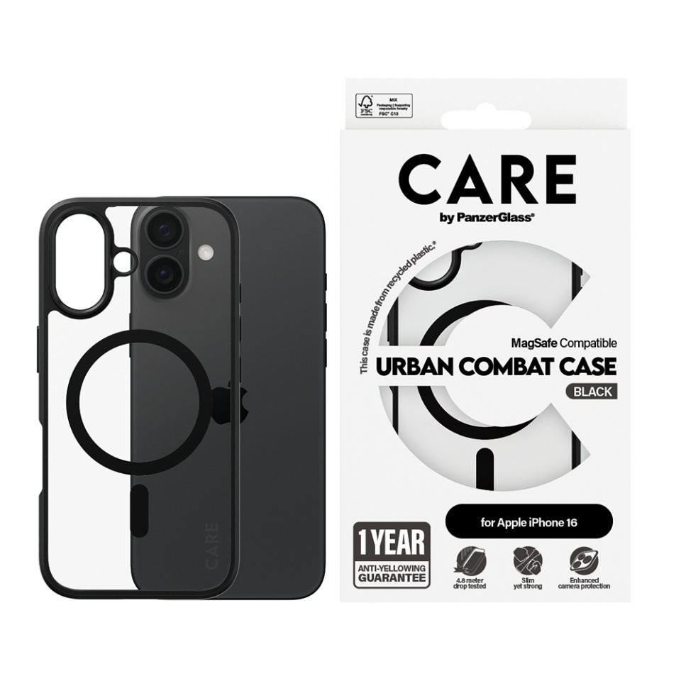Husa pentru iPhone 16, PanzerGlass, CARE Flagship Urban Combat Black MagSafe, Anti-Soc 4.8m, Anti-Ingalbenire, Design Slim, Compatibila MagSafe, Negru;transparenta - 3 | YEO