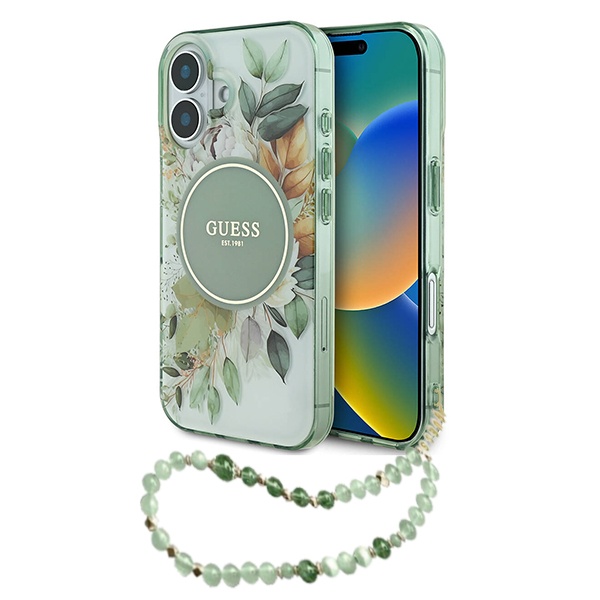 Husa pentru iPhone 16 Plus, IML Flowers with Pearl Strap MagSafe, Guess - Verde