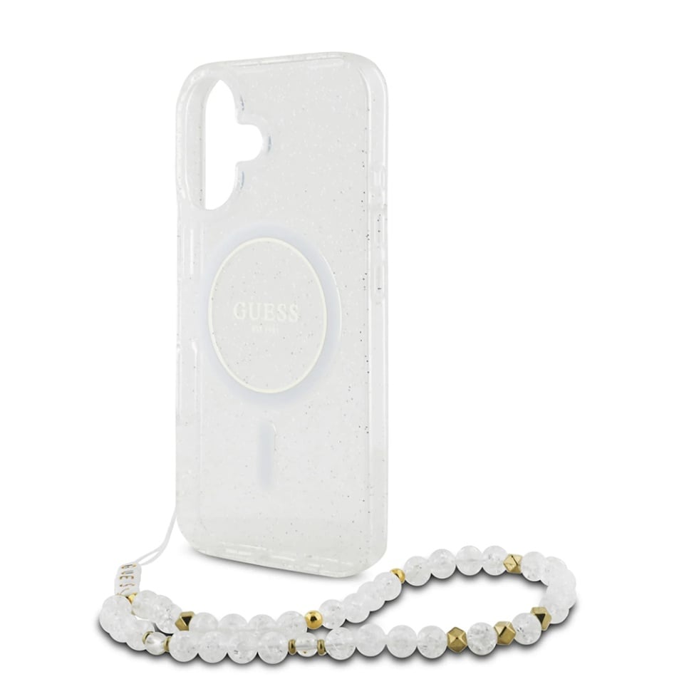 Husa pentru iPhone 16 Plus, IML Glitter with Pearl Strap MagSafe, Guess - Transparenta - 1 | YEO