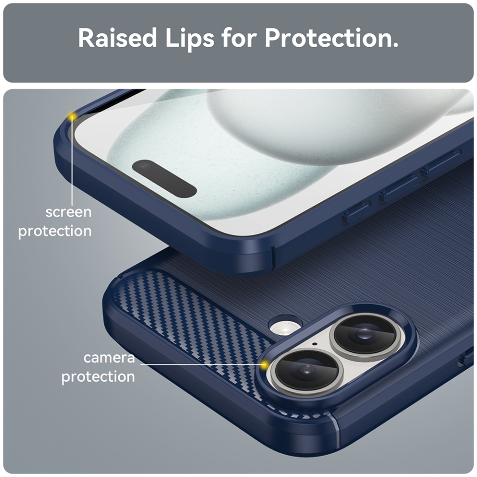 Husa pentru iPhone 16 Plus, SKYDDAR INNOVATION, Carbon Silicone, din Silicon Premium, Slim, cu textura Fibra Carbon, Albastru, set cu sticker - 1 | YEO