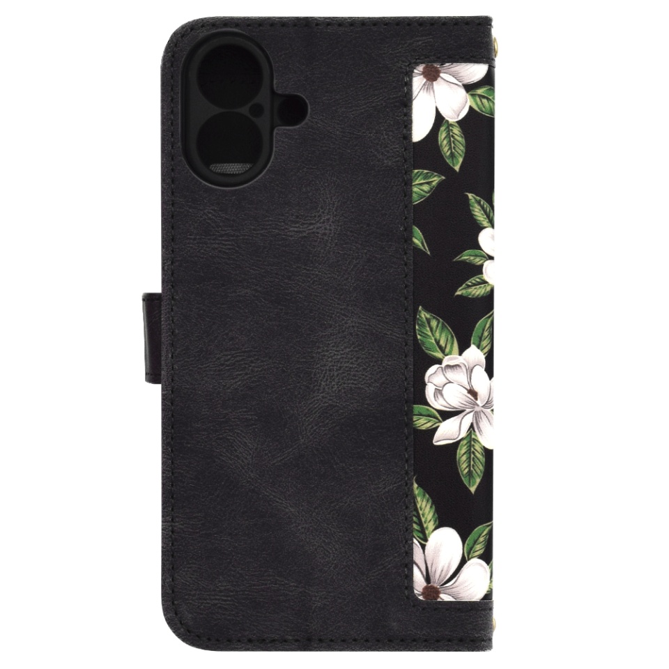 Husa pentru iPhone 16 Plus, SKYDDAR INNOVATION, Floral Wallet, din Piele Ecologică cu Design Floral, Protecție 360°, Stand Integrat, Buzunare pentru Carduri, Negru, set cu sticker - 1 | YEO