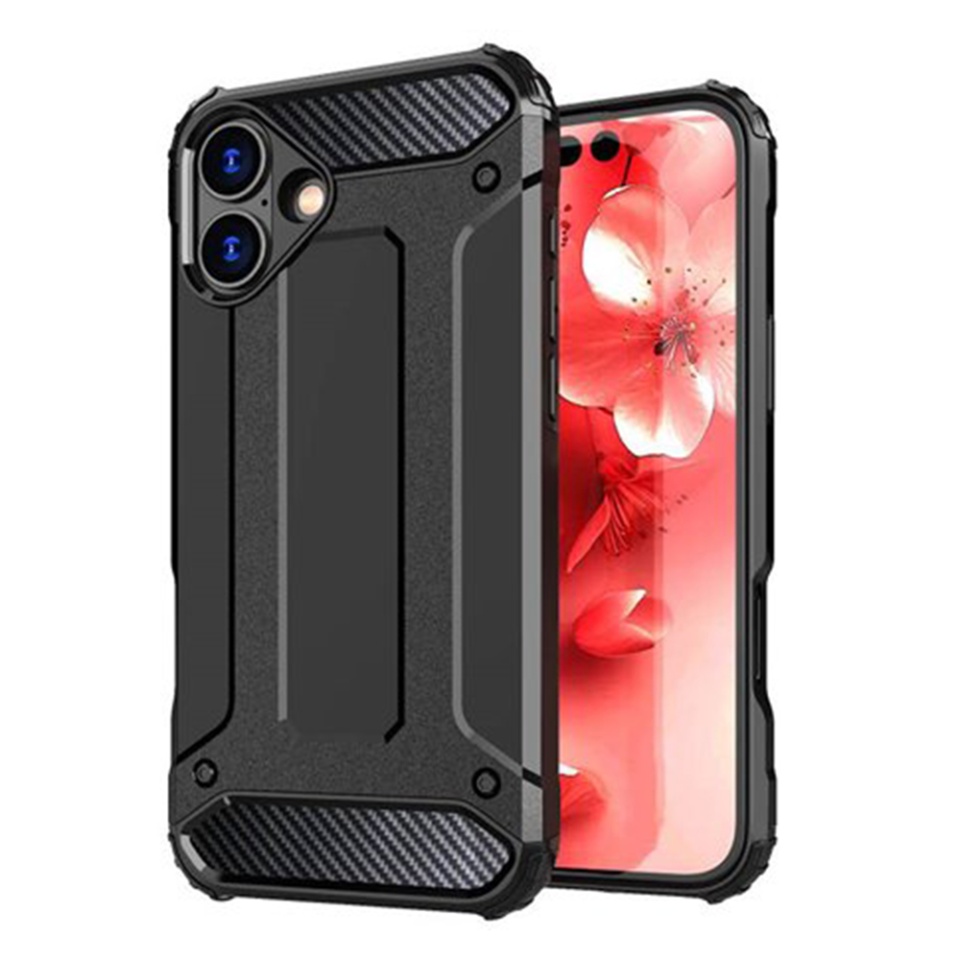 Husa pentru iPhone 16 Plus, SKYDDAR INNOVATION, Hybrid Armor, din Plastic Dur, Margini Cauciucate, Antisoc, Negru, set cu sticker