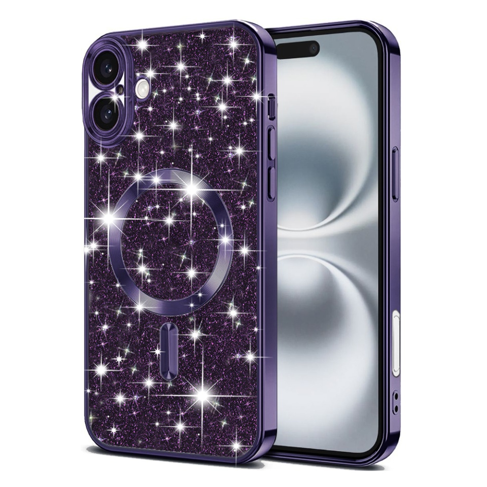 Husa pentru iPhone 16 Plus, SKYDDAR INNOVATION, Luxury Glitter Magsafe, Antisoc, Fundal Detasabil 2-in-1, Protectie Superioara, Margini Ridicate, Mov, set cu sticker