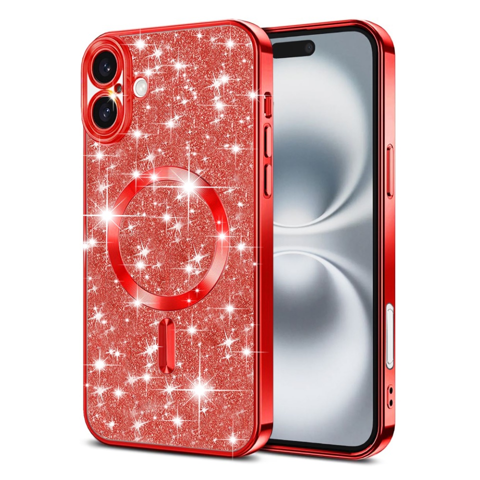 Husa pentru iPhone 16 Plus, SKYDDAR INNOVATION, Luxury Glitter Magsafe, Antisoc, Fundal Detasabil 2-in-1, Protectie Superioara, Margini Ridicate, Rosu, set cu sticker