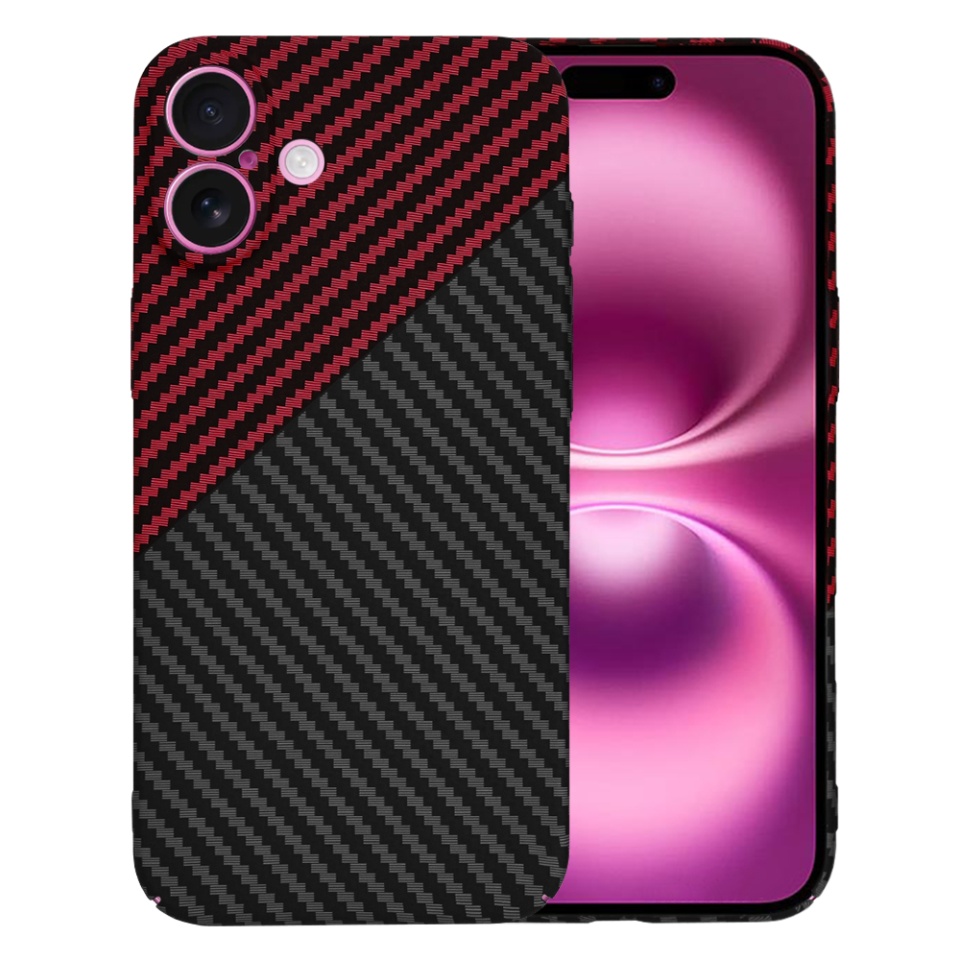 Husa pentru iPhone 16 Plus, SKYDDAR INNOVATION, textura carbon, Carbonite FiberShell, Rosu inchis, set cu sticker