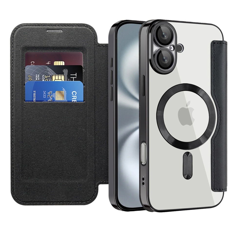 Husa pentru iPhone 16 Plus tip carte, SKYDDAR INOVATION, SmartMag Book, Magsafe, RFiD, Suport Carduri, set cu sticker, Negru
