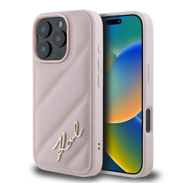 Husa pentru iPhone 16 Pro, Diagonal Quilted Script, Karl Lagerfeld - Roz