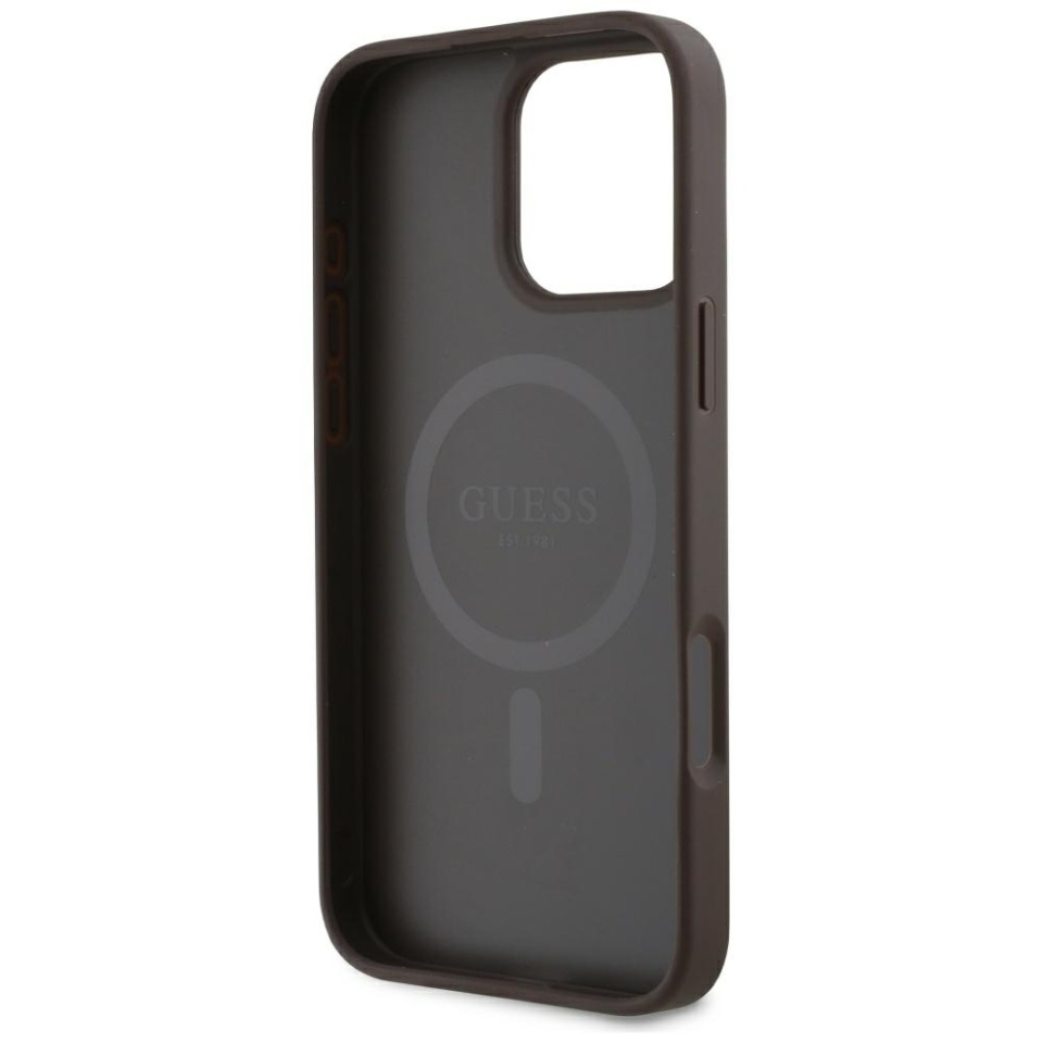 Husa pentru iPhone 16 Pro, Guess, 4G Small and Classic Logo MagSafe, Protectie Slim, Maro - 1 | YEO