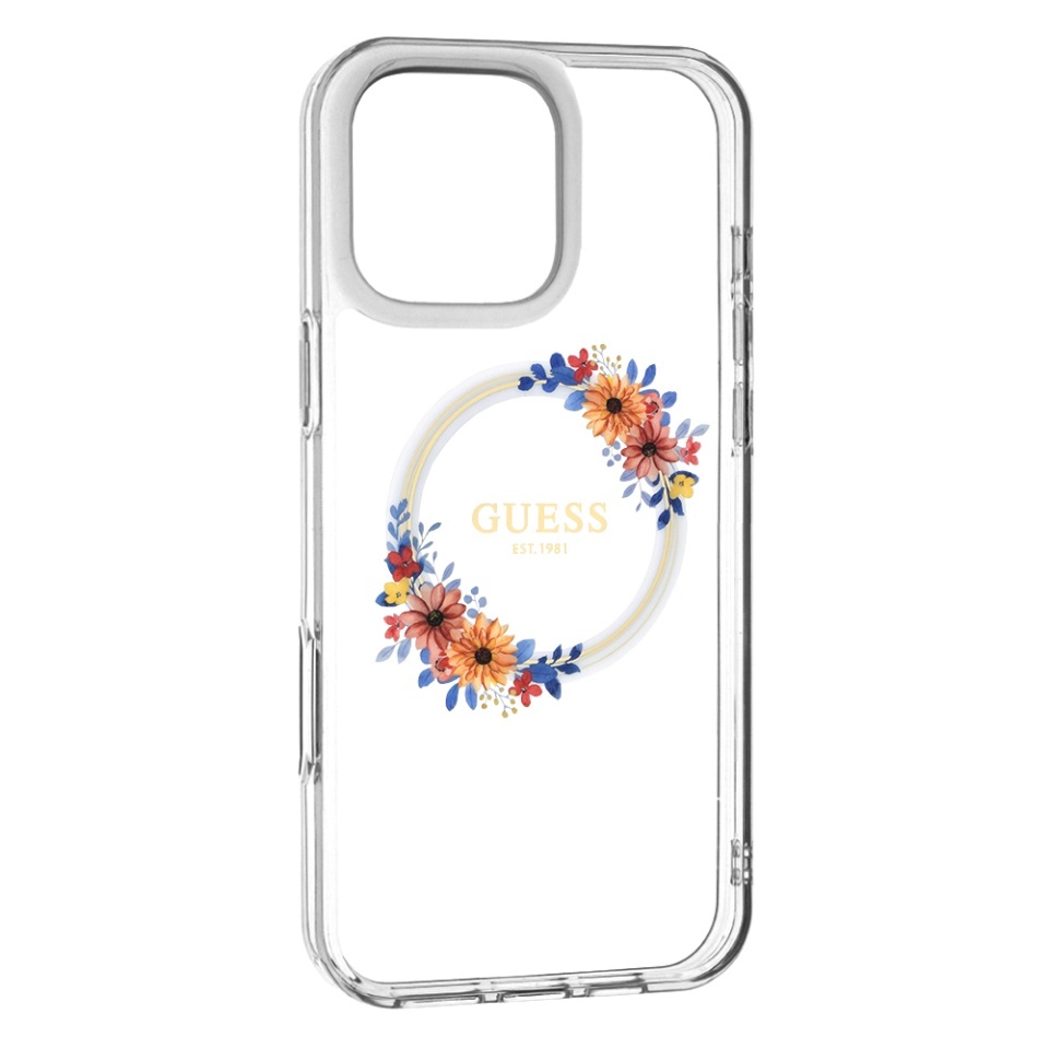 Husa pentru iPhone 16 Pro, IML Flowers Wreath MagSafe, Guess - Transparenta - 1 | YEO