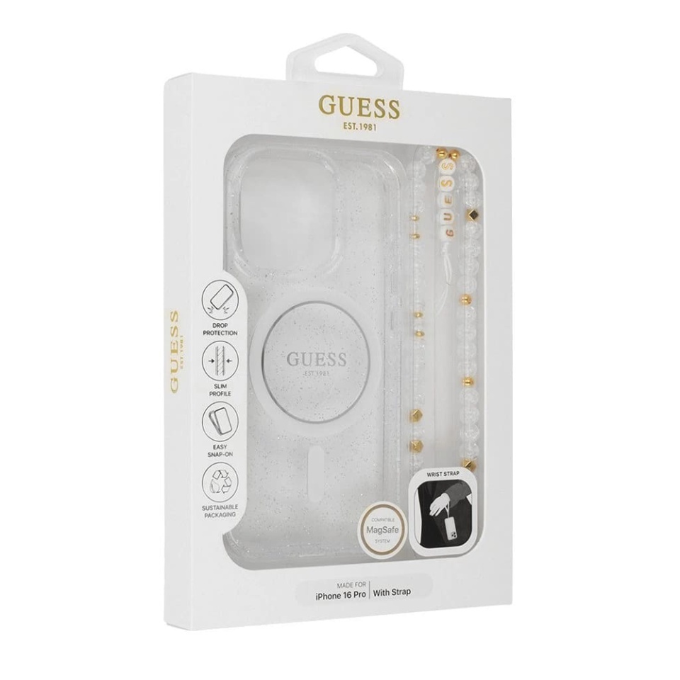 Husa pentru iPhone 16 Pro, IML Glitter with Pearl Strap MagSafe, Guess - Transparenta - 1 | YEO
