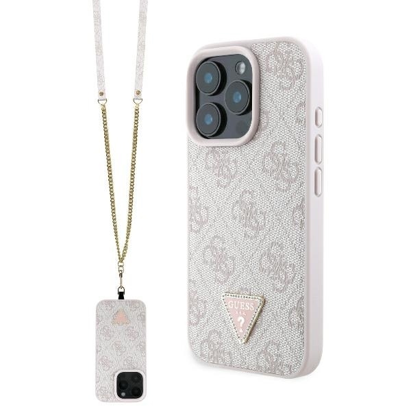 Husa pentru iPhone 16 Pro Leather Metal Logo Strass Crossbody, Guess - Roz