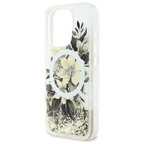 Husa pentru iPhone 16 Pro Liquid Glitter Flower MagSafe, Guess - Bej - 3 | YEO