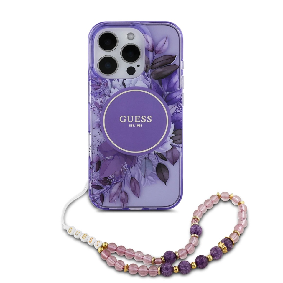 Husa pentru iPhone 16 Pro Max, IML Flowers with Pearl Strap MagSafe, Guess - Mov