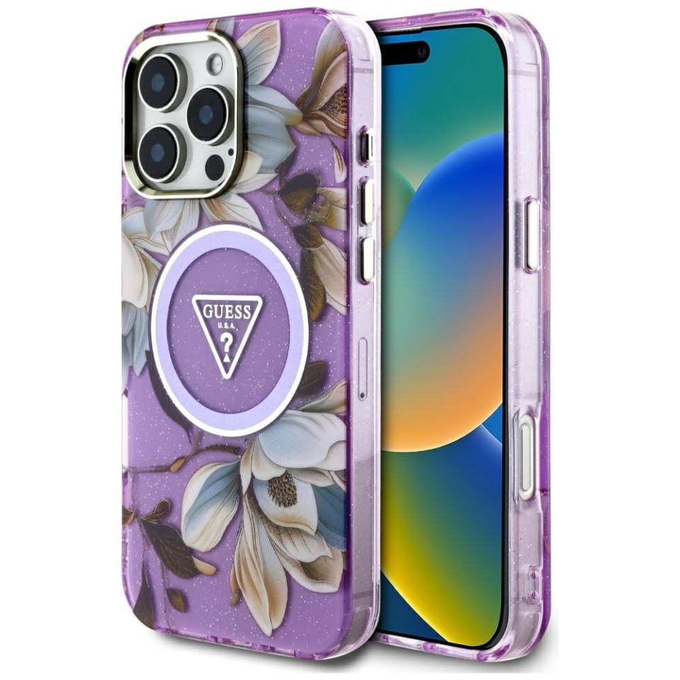 Husa pentru iPhone 16 Pro Max, IML Flowers with Pearl Strap MagSafe, Guess - Mov