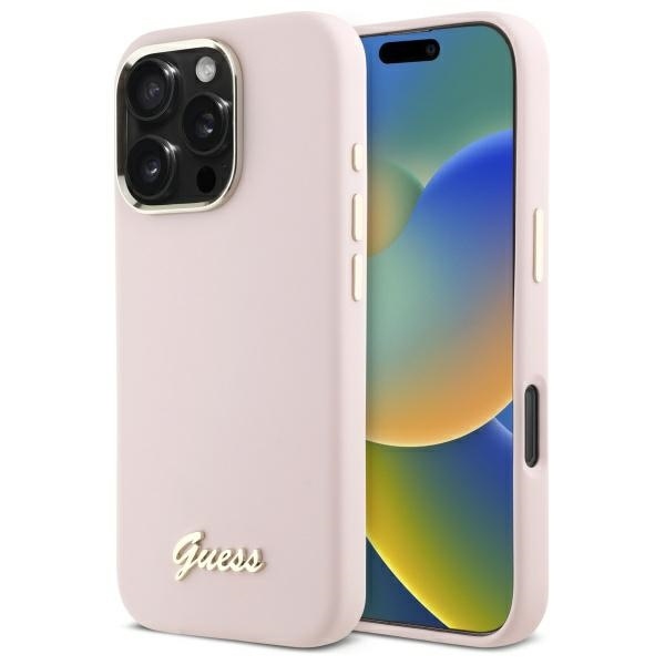 Husa pentru iPhone 16 Pro Max Silicone Script Metal Logo & Frame, Guess - Roz deschis