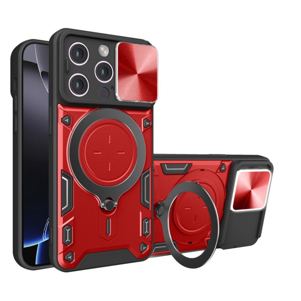 Husa pentru iPhone 16 Pro Max, SKYDDAR INNOVATION, CamGuard Pro, Inel Magnetic, Protectie Camera, Rosu, set cu sticker