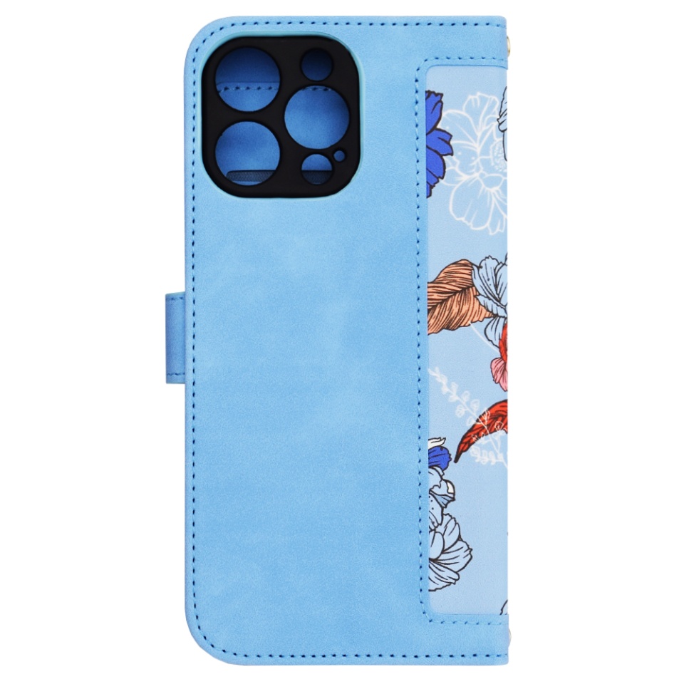 Husa pentru iPhone 16 Pro Max, SKYDDAR INNOVATION, Floral Wallet, din Piele Ecologică cu Design Floral, Protecție 360°, Stand Integrat, Buzunare pentru Carduri, Bleu, set cu sticker - 1 | YEO