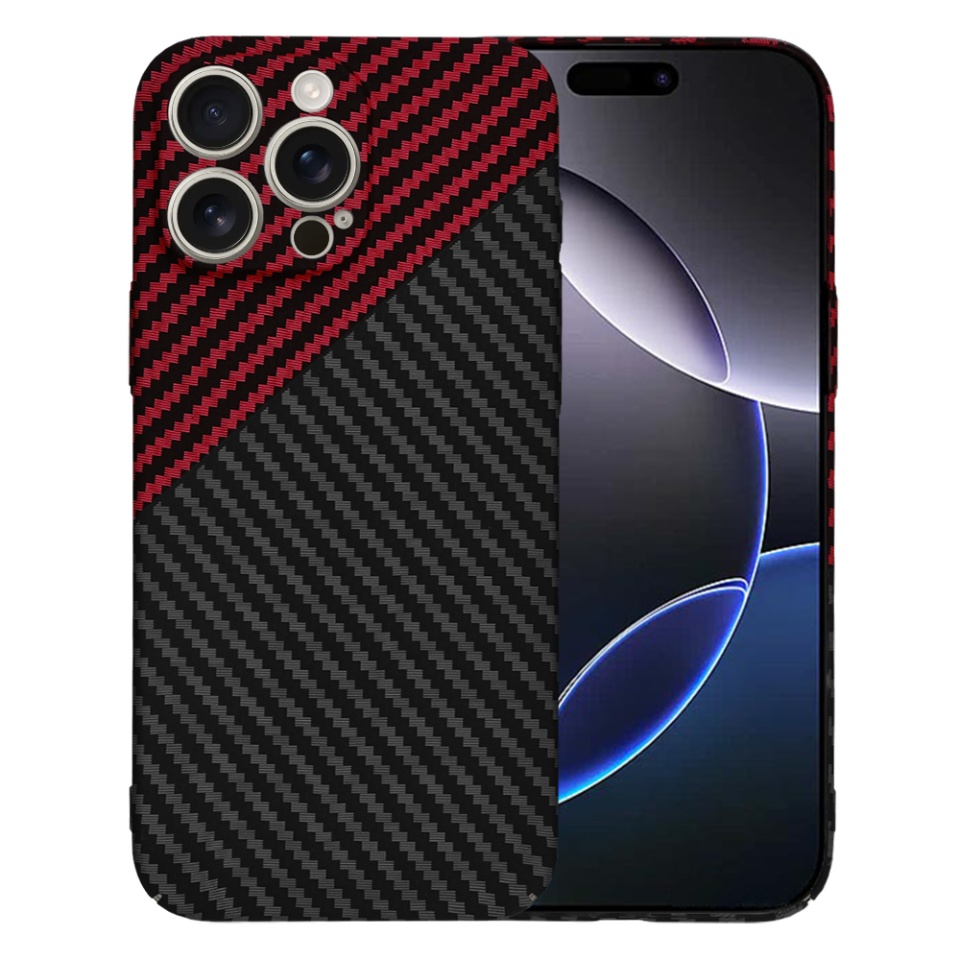 Husa pentru iPhone 16 Pro Max, SKYDDAR INNOVATION, textura carbon, Carbonite FiberShell, Rosu inchis, set cu sticker
