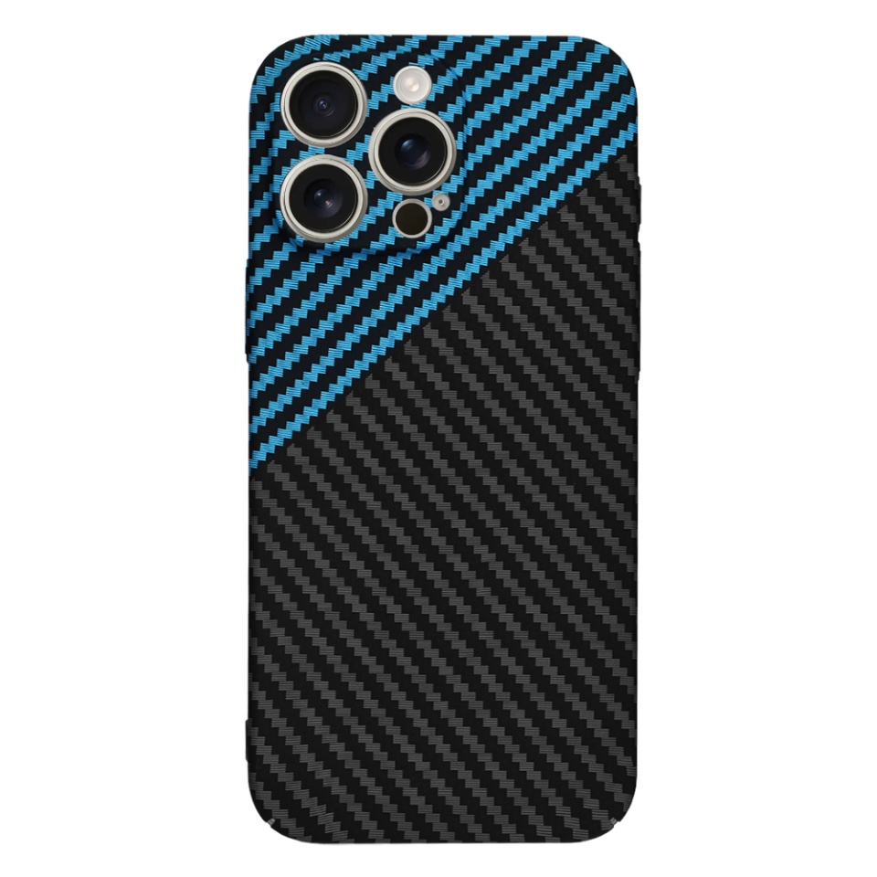 Husa pentru iPhone 16 Pro Max, SKYDDAR INNOVATION, textura carbon, Carbonite FiberShell, Bleu, set cu sticker - 2 | YEO
