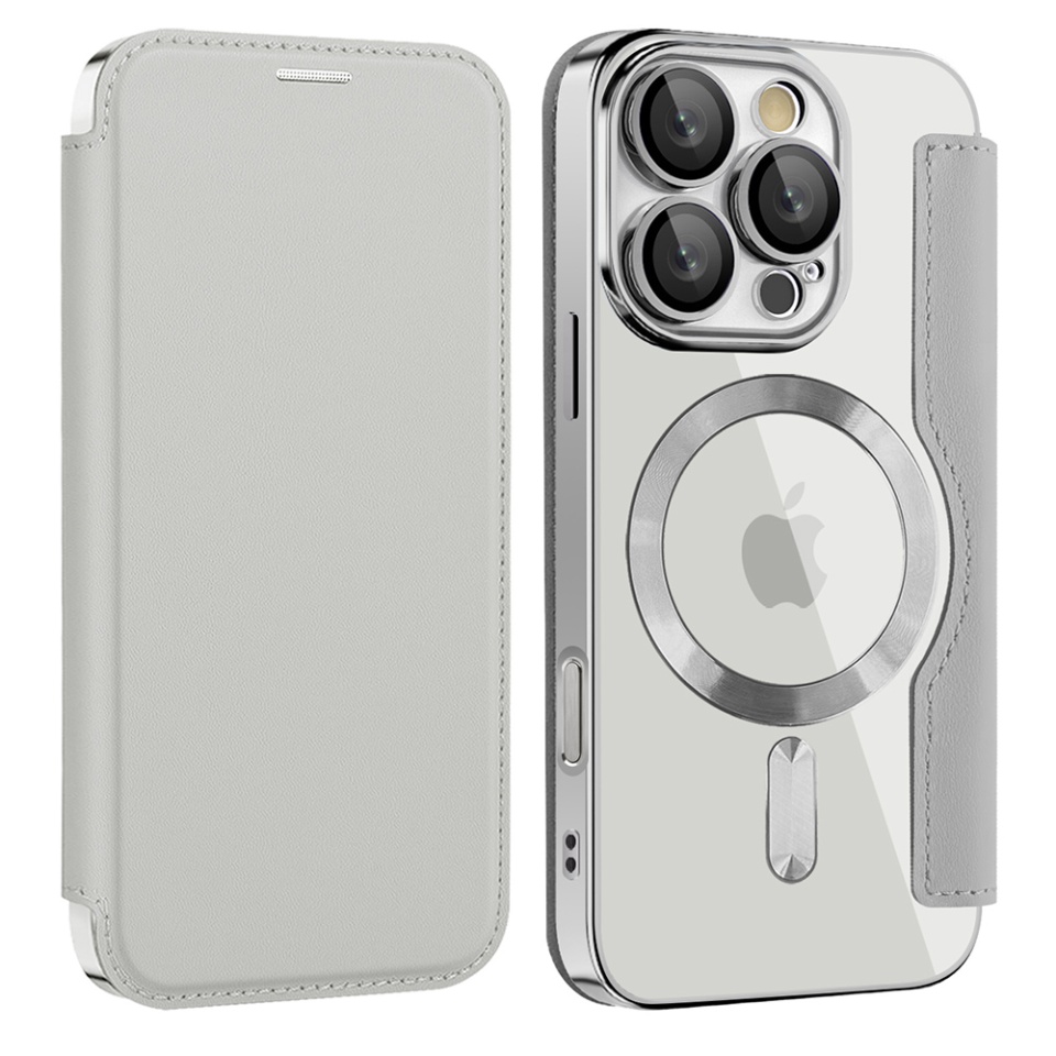 Husa pentru iPhone 16 Pro Max tip carte, SKYDDAR INOVATION, SmartMag Book, Magsafe, RFiD, Suport Carduri, set cu sticker, Gri - 1 | YEO