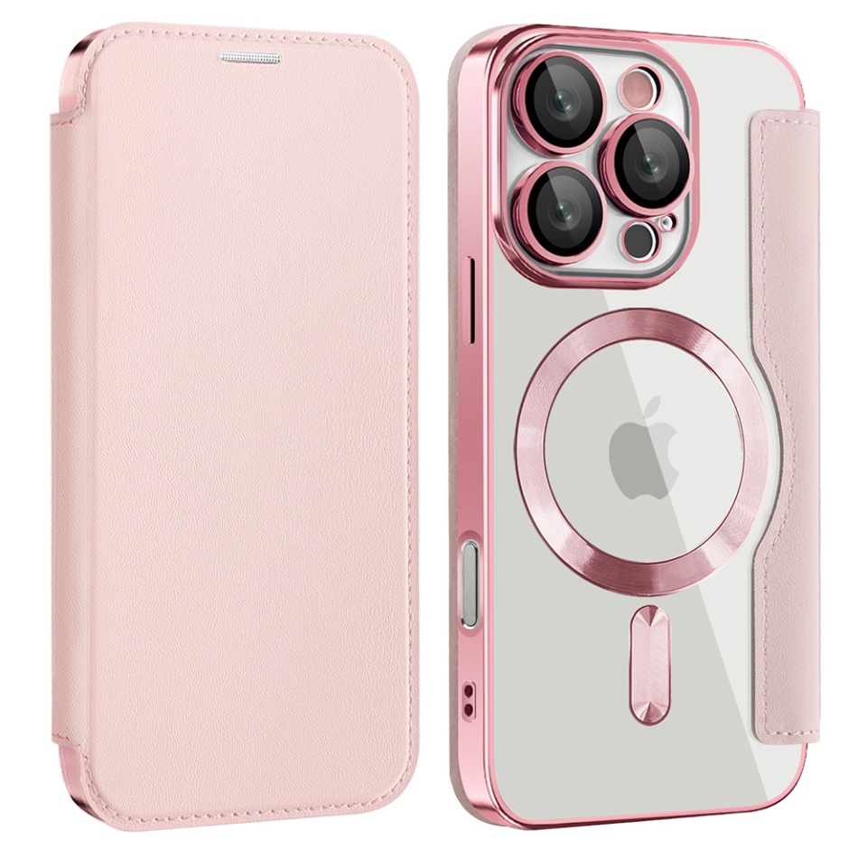 Husa pentru iPhone 16 Pro Max tip carte, SKYDDAR INOVATION, SmartMag Book, Magsafe, RFiD, Suport Carduri, set cu sticker, Roz - 1 | YEO