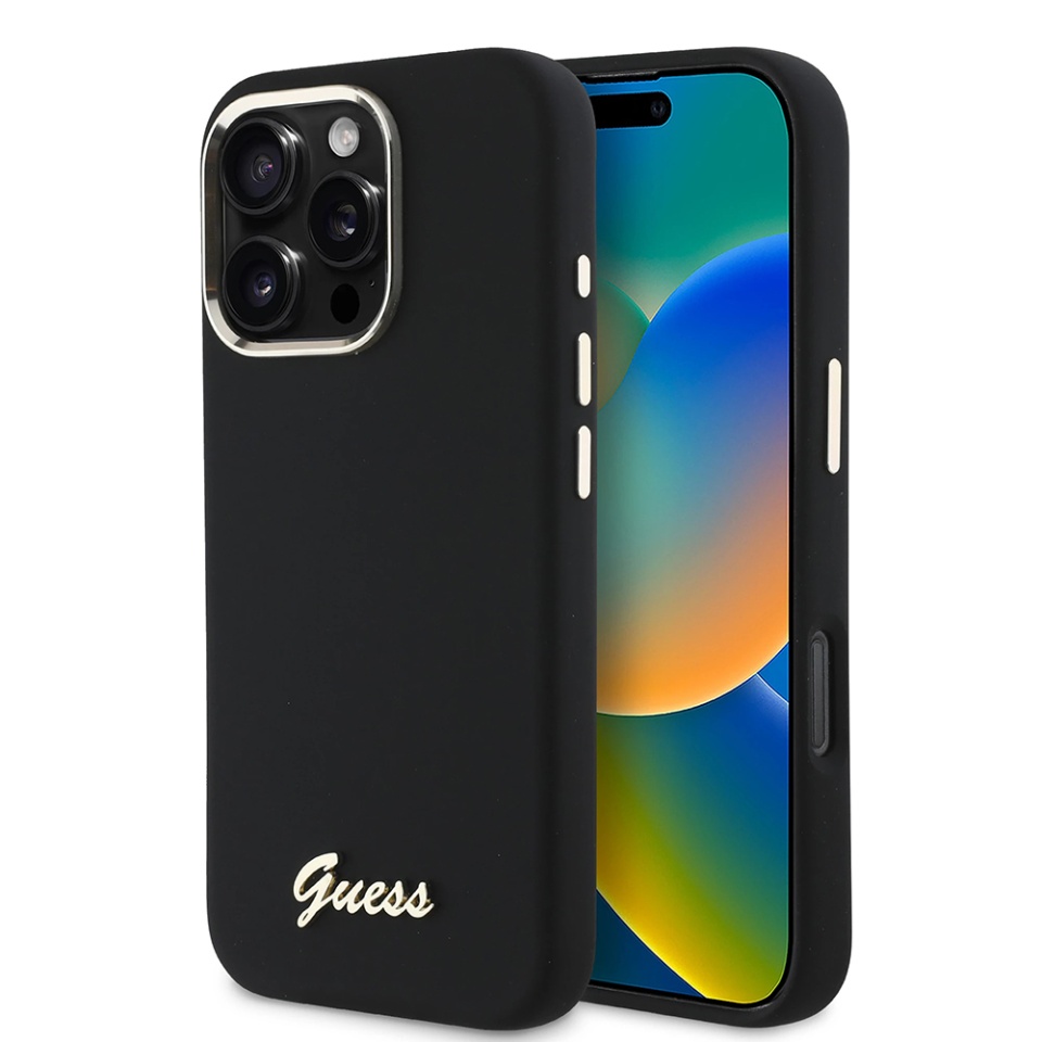 Husa pentru iPhone 16 Pro Silicone Script Metal Logo & Frame, Guess - Negru