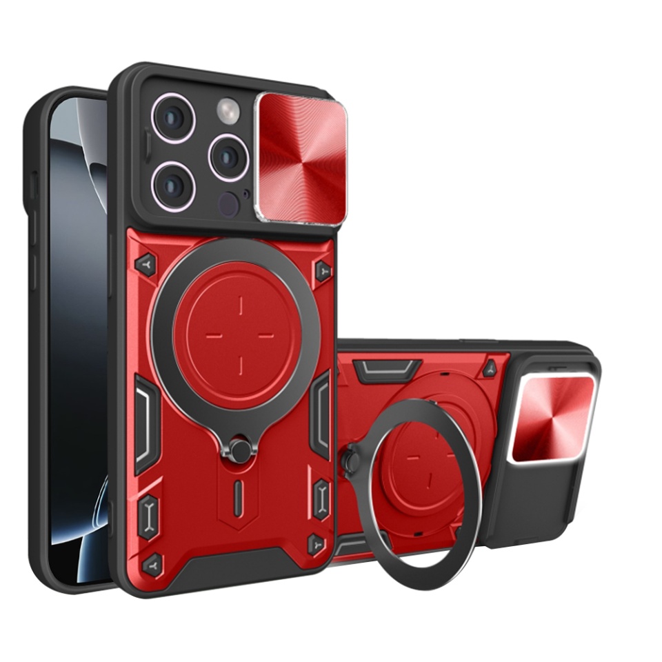 Husa pentru iPhone 16 Pro, SKYDDAR INNOVATION, CamGuard Pro, Inel Magnetic, Protectie Camera, Rosu, set cu sticker