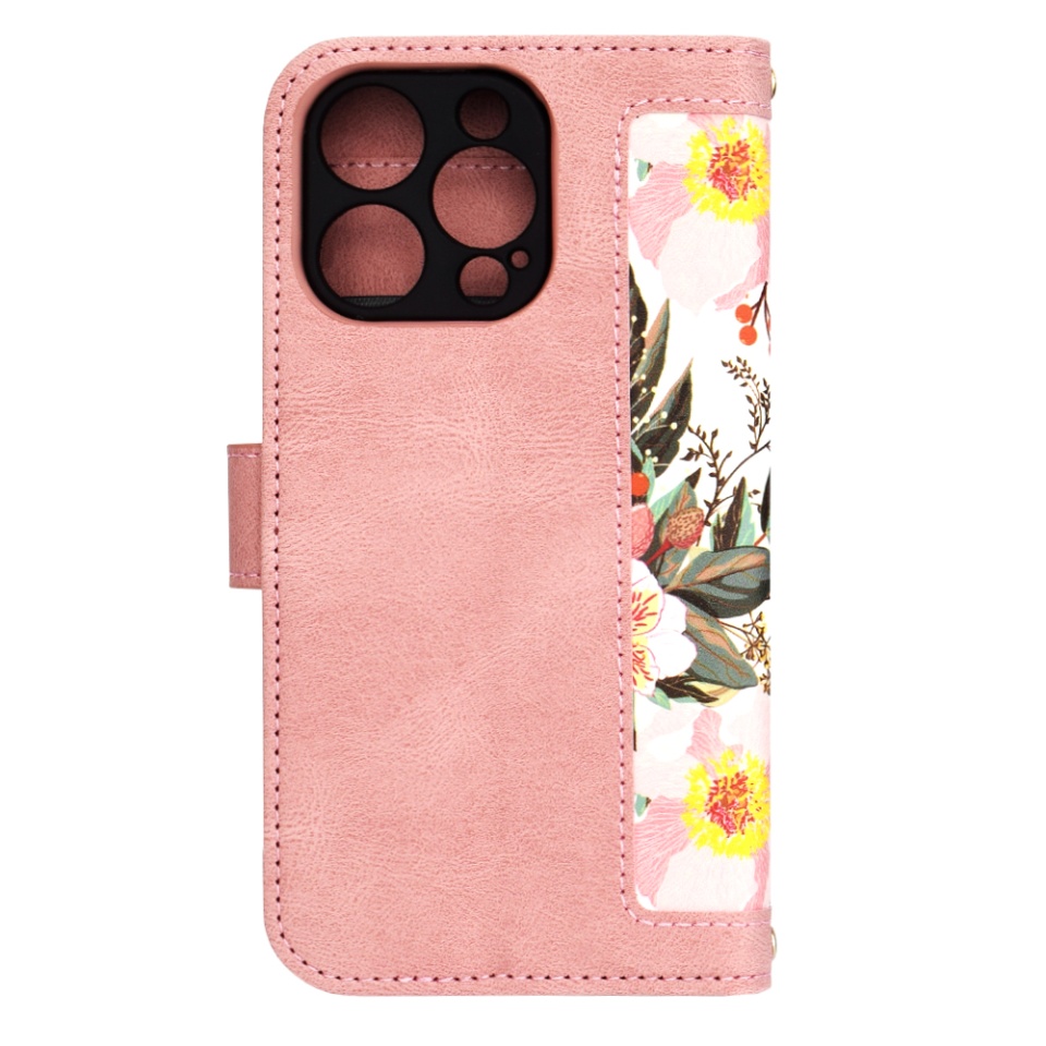 Husa pentru iPhone 16 Pro, SKYDDAR INNOVATION, Floral Wallet, din Piele Ecologică cu Design Floral, Protecție 360°, Stand Integrat, Buzunare pentru Carduri, Roz, set cu sticker - 1 | YEO