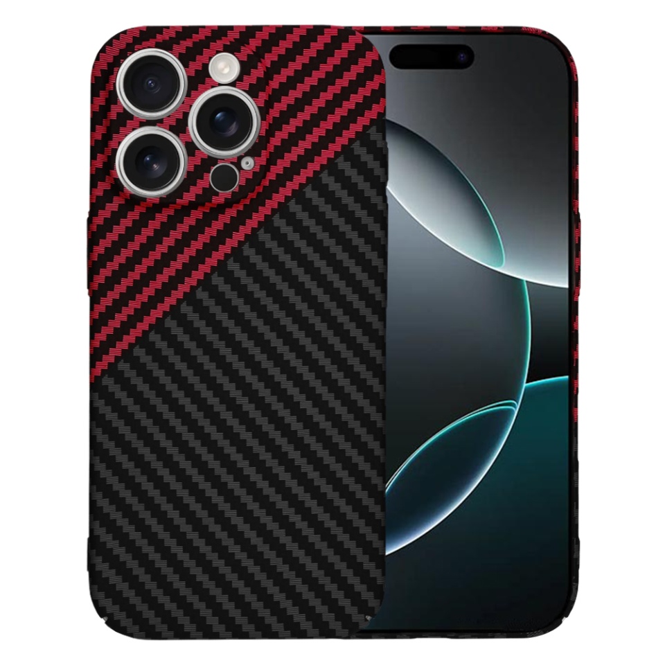 Husa pentru iPhone 16 Pro, SKYDDAR INNOVATION, textura carbon, Carbonite FiberShell, Rosu inchis, set cu sticker