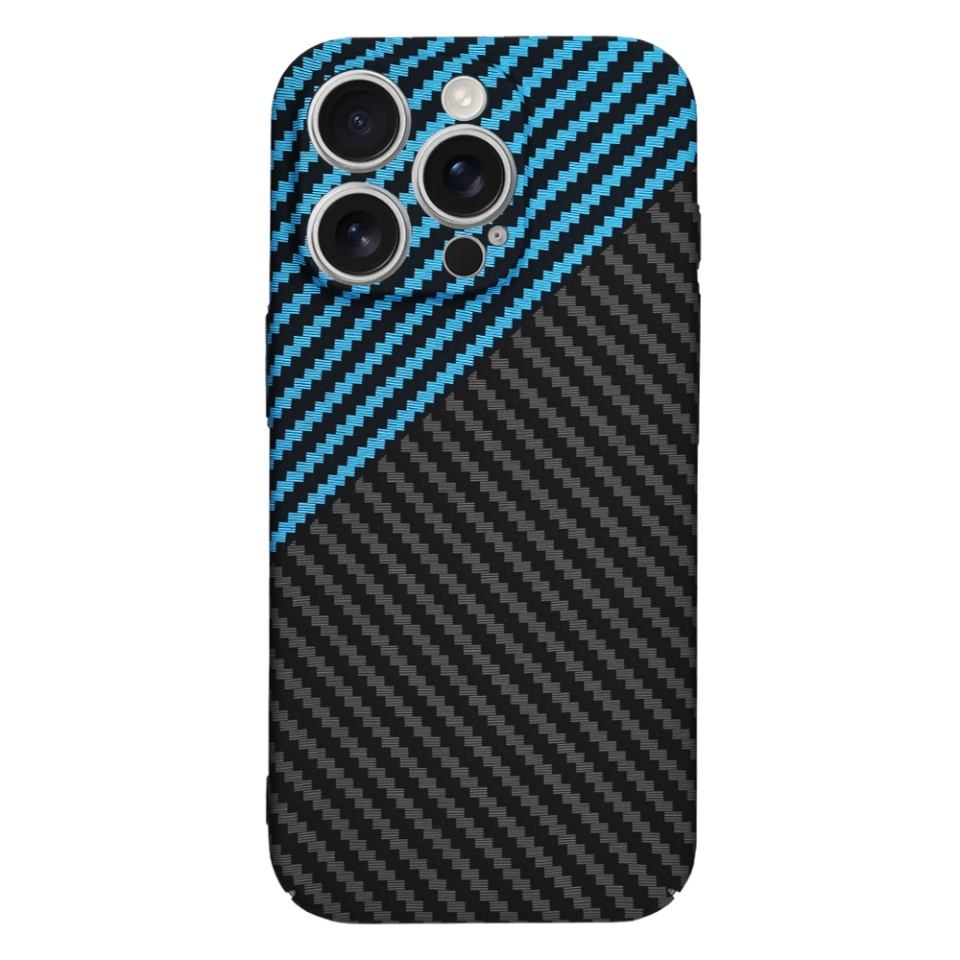 Husa pentru iPhone 16 Pro, SKYDDAR INNOVATION, textura carbon, Carbonite FiberShell, Bleu, set cu sticker - 2 | YEO