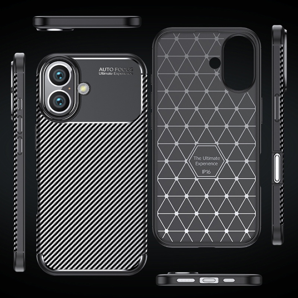 Husa pentru iPhone 16, SKYDDAR INNOVATION, CarbonFiber, Antisoc, Negru, set cu sticker - 1 | YEO