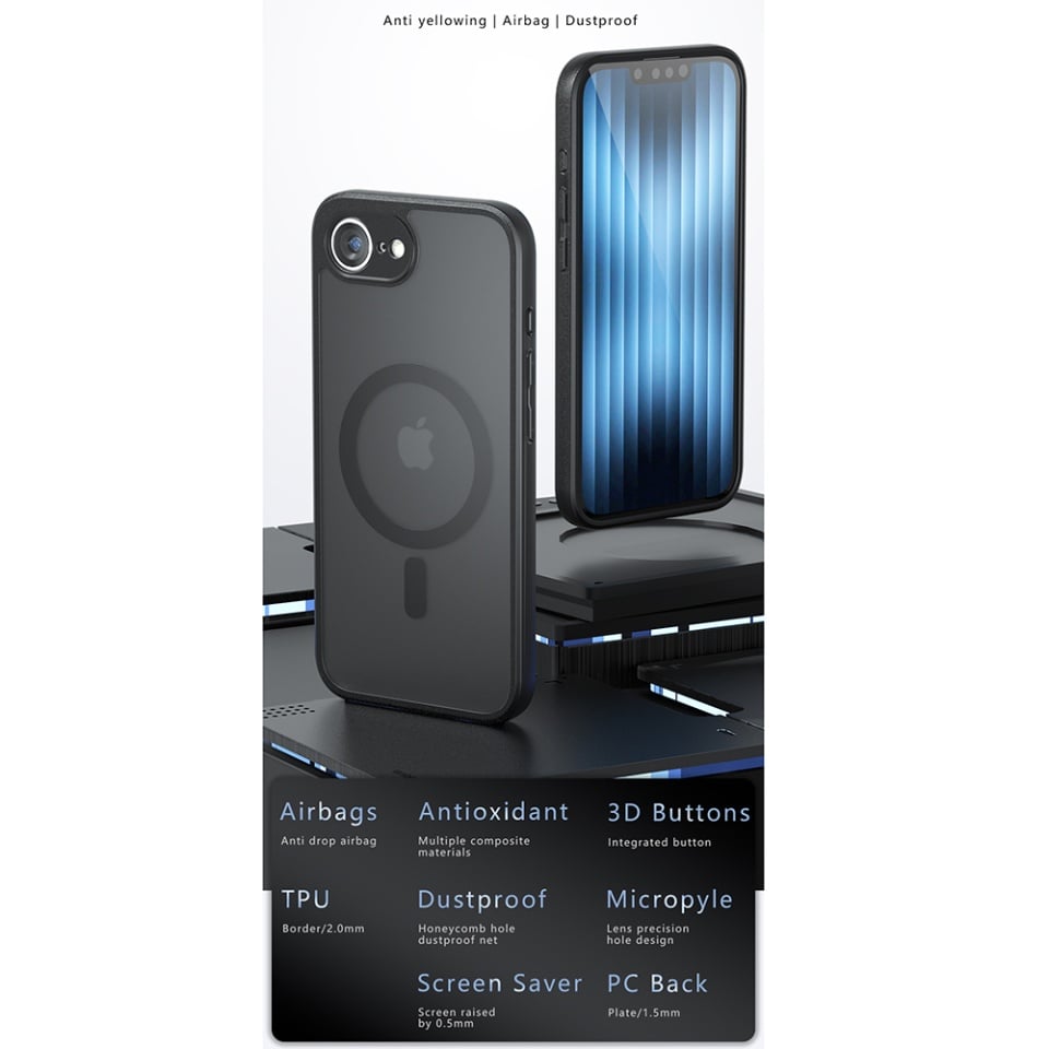 Husa pentru iPhone 16, SKYDDAR INNOVATION, PureFrost MagSafe, AntiSoc, set cu sticker, Negru frost - 1 | YEO