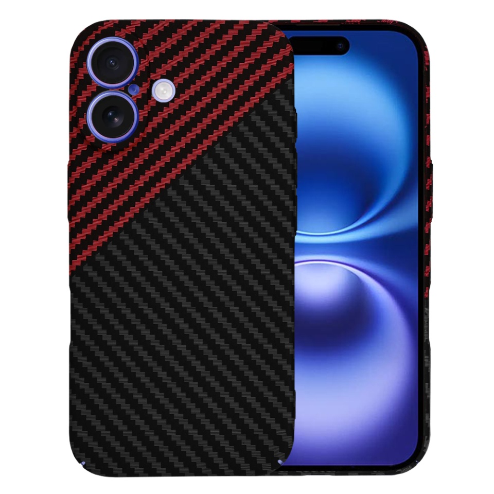 Husa pentru iPhone 16, SKYDDAR INNOVATION, textura carbon, Carbonite FiberShell, Rosu inchis, set cu sticker