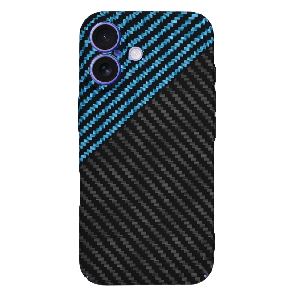 Husa pentru iPhone 16, SKYDDAR INNOVATION, textura carbon, Carbonite FiberShell, Bleu, set cu sticker - 2 | YEO