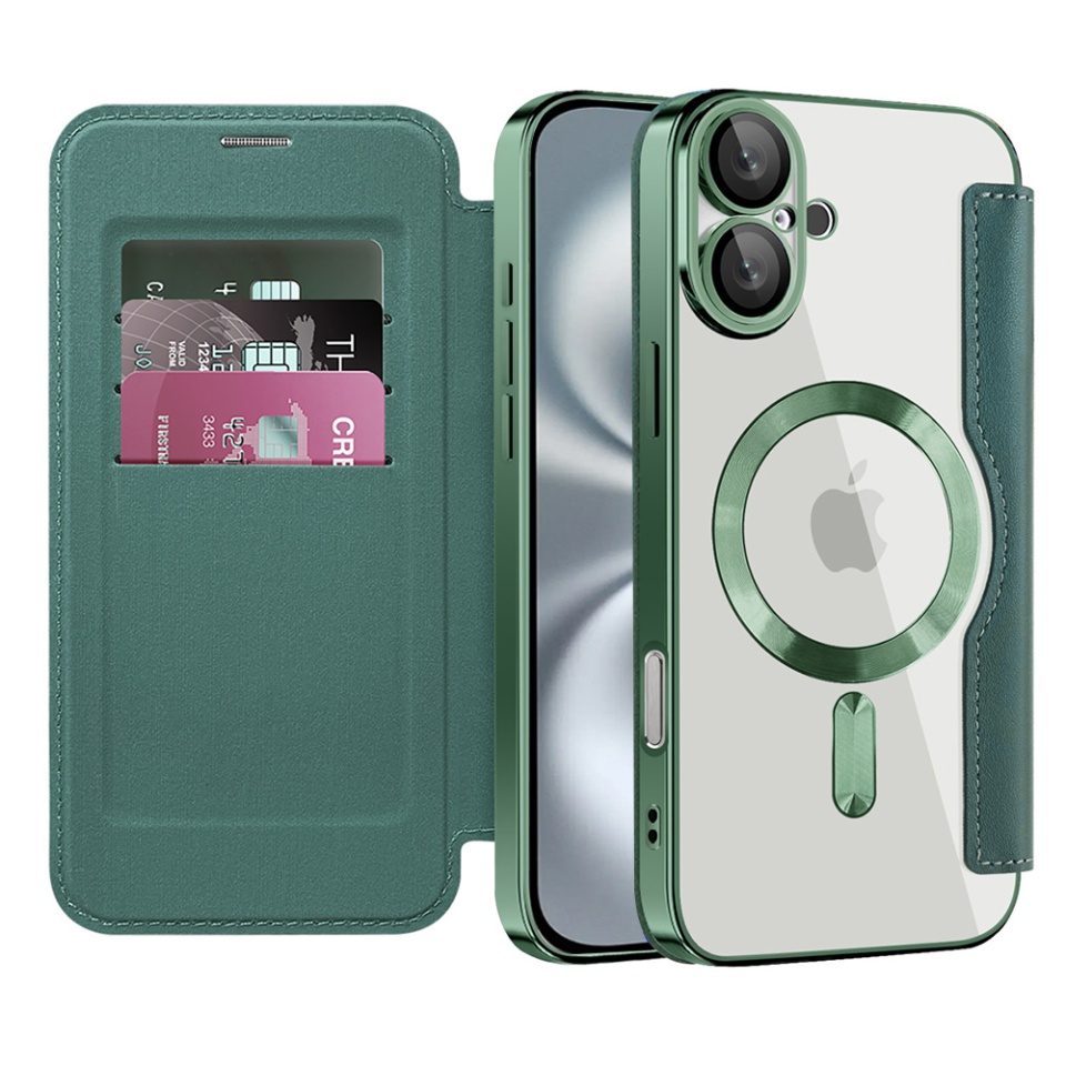 Husa pentru iPhone 16 tip carte, SKYDDAR INOVATION, SmartMag Book, Magsafe, RFiD, Suport Carduri, set cu sticker, Verde