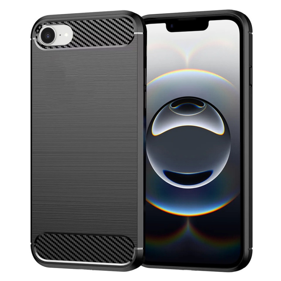 Husa pentru iPhone 16e, SKYDDAR INNOVATION, Carbon Silicone, din Silicon Premium, Slim, cu textura Fibra Carbon, Negru, set cu sticker