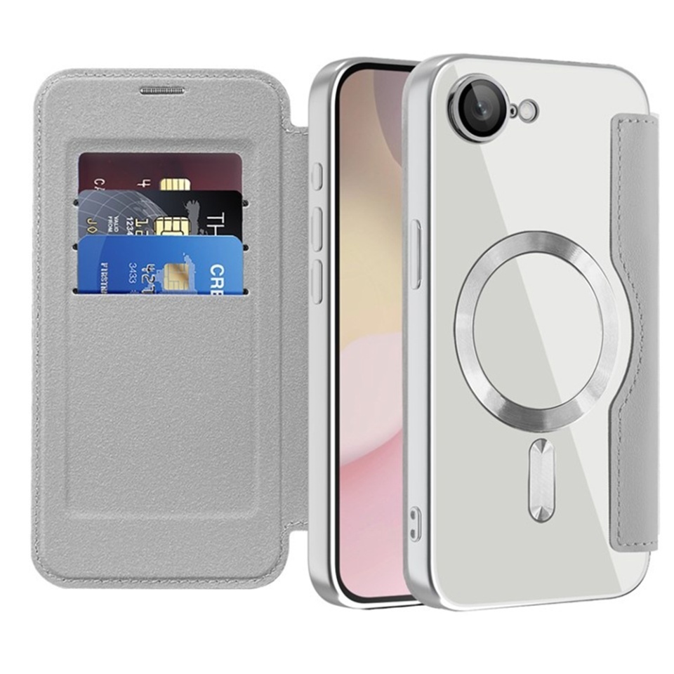 Husa pentru iPhone 16e tip carte, SKYDDAR INOVATION, SmartMag Book, Magsafe, RFiD, Suport Carduri, set cu sticker, Gri