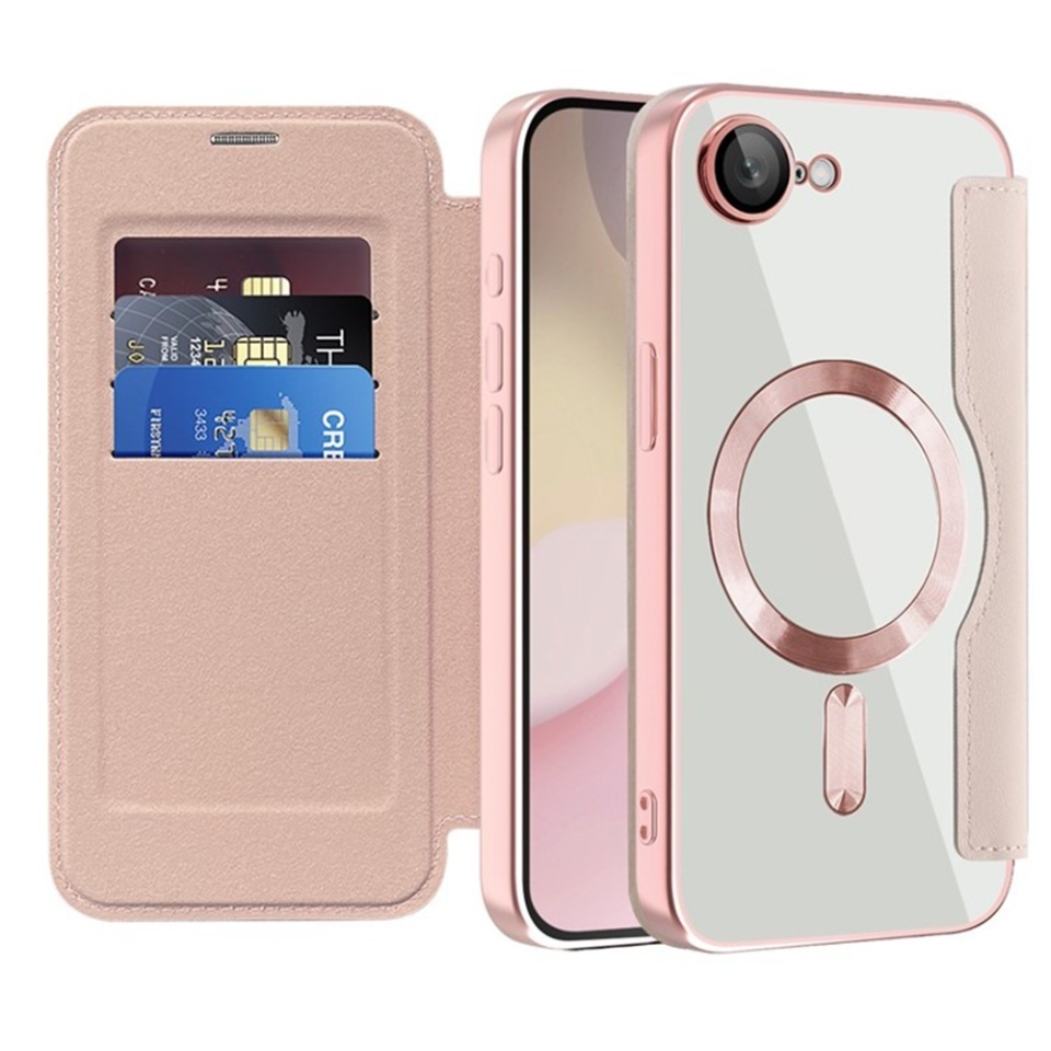 Husa pentru iPhone 16e tip carte, SKYDDAR INOVATION, SmartMag Book, Magsafe, RFiD, Suport Carduri, set cu sticker, Roz