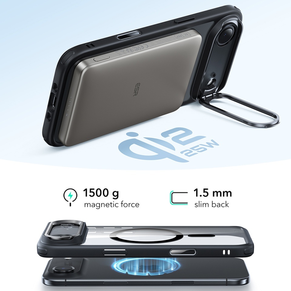 Husa pentru iPhone 17 Air, slim, ESR Classic Hybrid HaloLock Kickstand, Negru/transparenta - 3 | YEO