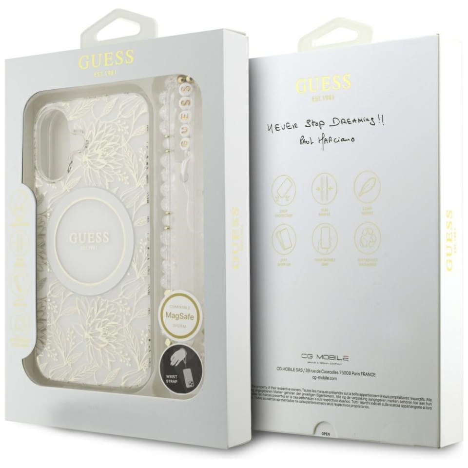 Husa pentru iPhone 17, IML Flowers with Pearl Strap MagSafe, Guess - Alb - 7