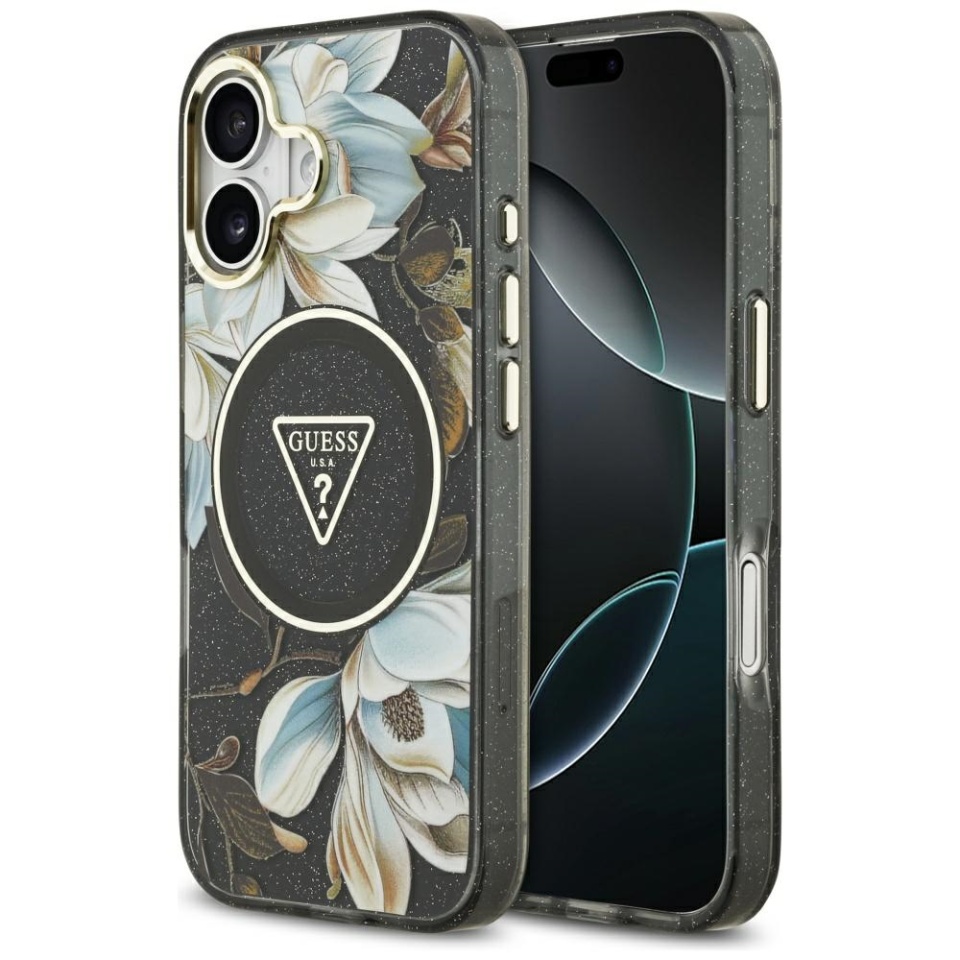 Husa pentru iPhone 17, IML Flowers with Pearl Strap MagSafe, Guess - Negru