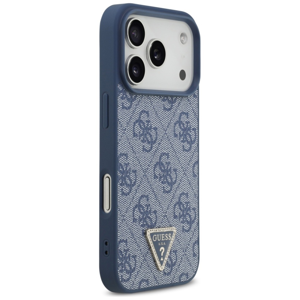 Husa pentru iPhone 17 Pro, Guess, Leather 4G Triangle Strass, Albastru - 3 | YEO