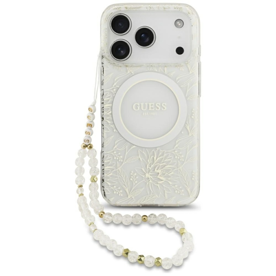 Husa pentru iPhone 17 Pro, IML Flowers with Pearl Strap MagSafe, Guess - Negru