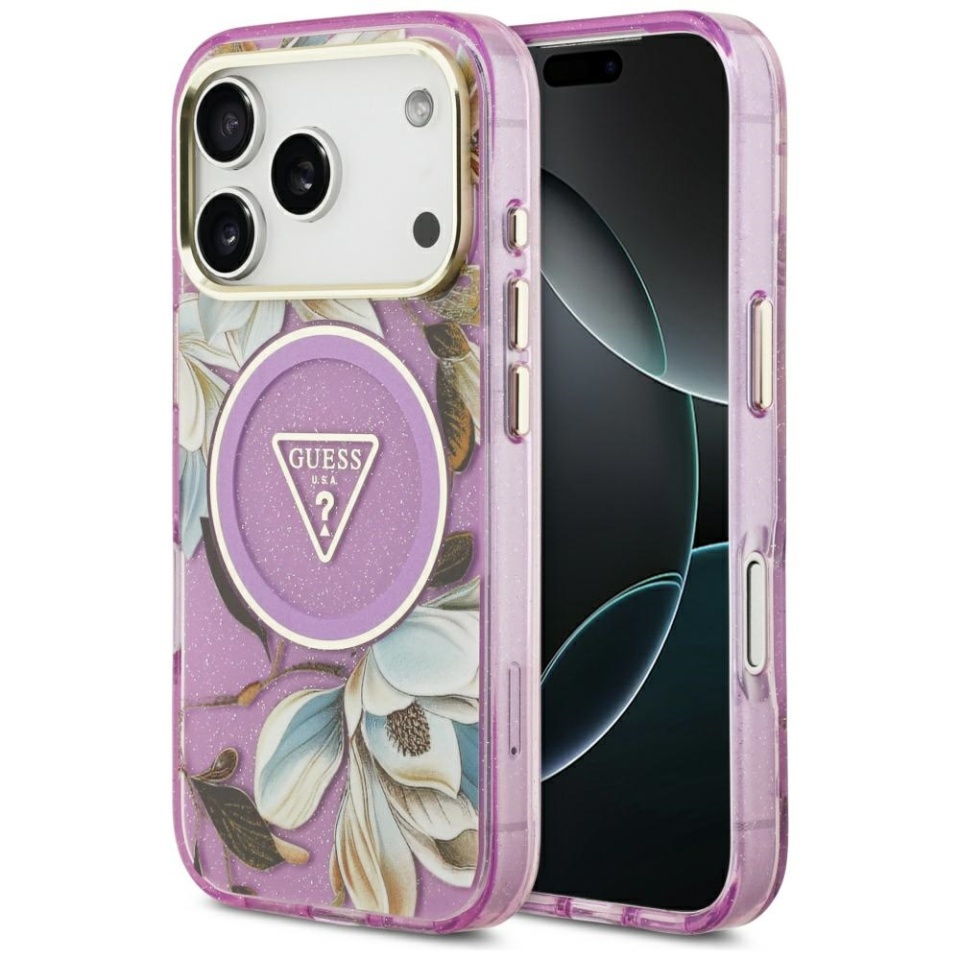Husa pentru iPhone 17 Pro, IML Flowers with Pearl Strap MagSafe, Guess - Mov