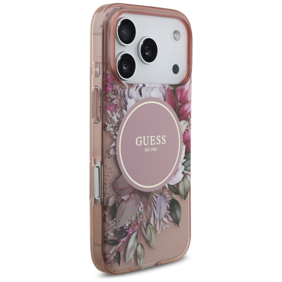 Husa pentru iPhone 17 Pro, IML Flowers with Pearl Strap MagSafe, Guess - Roz - 3 | YEO