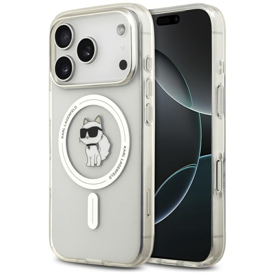Husa pentru iPhone 17 Pro, IML Glitter K&C Heads Logo MagSafe, Clear Mono Karl&Choupette