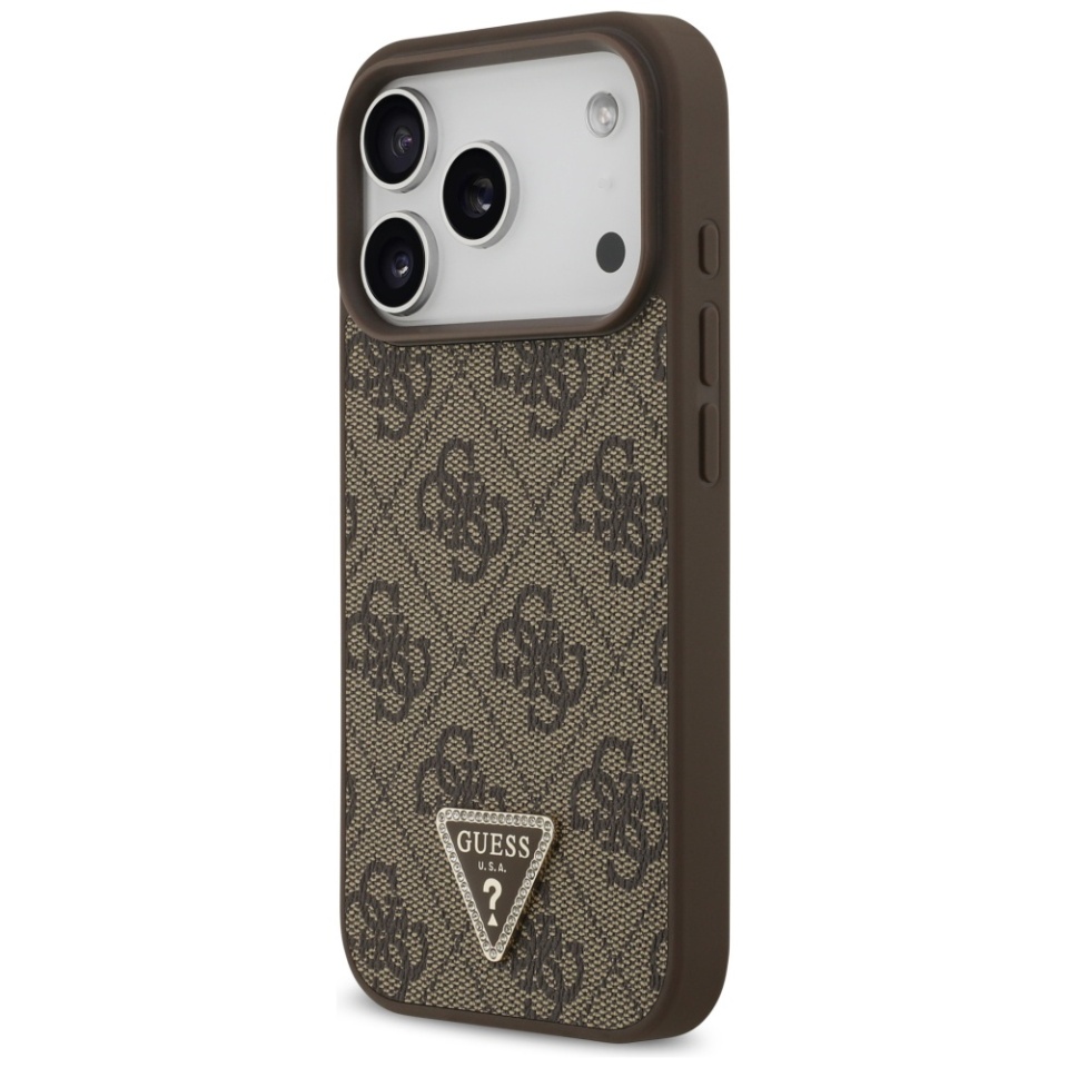 Husa pentru iPhone 17 Pro Max, Guess, Leather 4G Triangle Strass, Maro - 3 | YEO